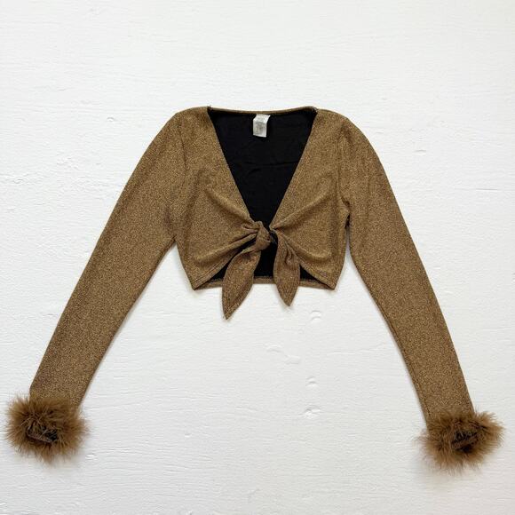 Y2K Sparkly Gold Tie Front Crop Top Shrug Feather Trim, Size Small - Picture 1 of 6